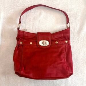 Michael Kors Red Leather Hobo Shoulder Handbag with Gold Stud Accents EUC